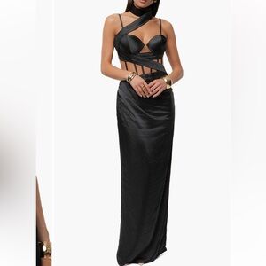 JLUXLABEL Golden Hour Corset Satin Maxi Cocktail Dress Black